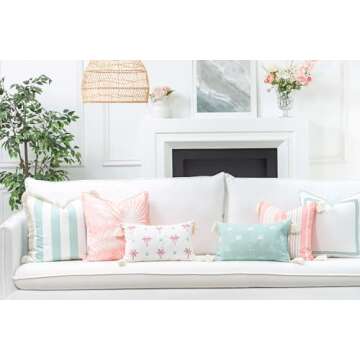 Hofdeco Premium Fall Coastal Patio Indoor Outdoor Pillow Cover Only, 20"x20" Water Repellent for Backyard, Couch, Muted Aqua Embroidered Square Line