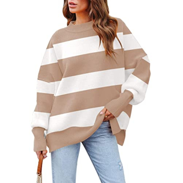 Women's 2023 Fall Casual Striped Oversized Pullover Sweater Crewneck Batwing Sleeve Side Slit Ribbed...