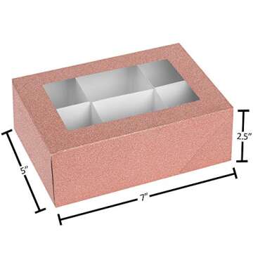 Hammont Window Box with Six Sections - 6 Pack - 7”x5”x2.5” - Rose Gold Colored Unique Design Bakery Boxes Perfect for Sharing Snacks and Cookies | 6 Insert Sections Gift Boxes