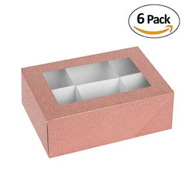 Hammont Window Box with Six Sections - 6 Pack - 7”x5”x2.5” - Rose Gold Colored Unique Design Bakery Boxes Perfect for Sharing Snacks and Cookies | 6 Insert Sections Gift Boxes
