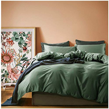 Luxurious Eikei Solid Color Duvet Cover and Shams Set in Woodland Green 400 Thread Count Egyptian Co...