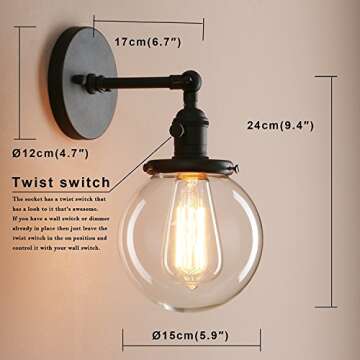 Pathson Industrial Wall Sconce with Round Clear Glass Globe Shade, Vintage Style Wall Lamp Farmhouse Wall Light Fixtures for Loft Bathroom Bedroom