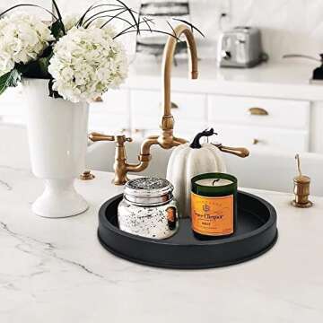 COZYYROME Black Decorative Tray for Coffee Table Centerpieces,Black Round Decorative Serving Tray,Wo...