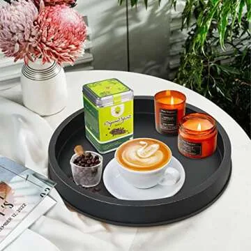 COZYYROME Black Decorative Tray for Coffee Table Centerpieces,Black Round Decorative Serving Tray,Wood Tray Decor Modern Farmhouse Home Decorations Round Coffee Table Tray Farmhouse Kitchen Countertop