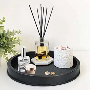 COZYYROME Black Decorative Tray for Coffee Table Centerpieces,Black Round Decorative Serving Tray,Wood Tray Decor Modern Farmhouse Home Decorations Round Coffee Table Tray Farmhouse Kitchen Countertop