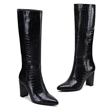 Modatope Knee High Boots Women Faux Crocodile Leather Style