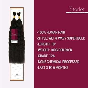 Starlet Virgin Human Hair Wet and Wavy Super Bulk Extensions for Micro Braiding, 18 Inch, 200g, 4 Bundles, Natural Color