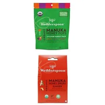 Wedderspoon Organic Manuka Honey Lollipops Variety Pack (24 Count, Pack of 1) and Manuka Honey Drops...