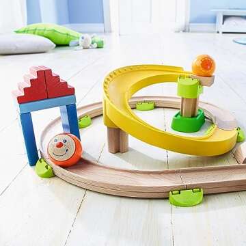 HABA Kullerbu Spiral Track - 26 Piece Wood & Plastic Ball Track Set with Crazy Curves & Bell Age 2+