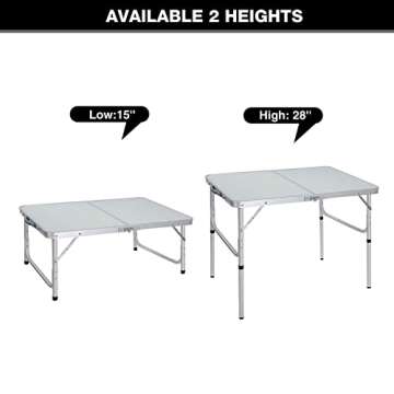 REDCAMP Aluminum Camping Table 3 Foot, Portable Folding Table Adjustable Height Lightweight for Picnic Beach Outdoor Indoor, White 36 x 24 inch