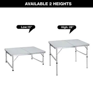 REDCAMP Aluminum Camping Table 3 Foot, Portable Folding Table Adjustable Height Lightweight for Picnic Beach Outdoor Indoor, White 36 x 24 inch