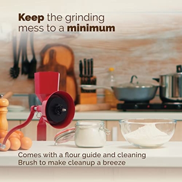 WONDERMILL Manual Hand Grain Mill Red Wonder Junior Deluxe for Dry and Oily Grains - Kitchen Flour Mill, Grain Mill Hand Crank and Spice, Corn, Wheat Stone Mill Grinder