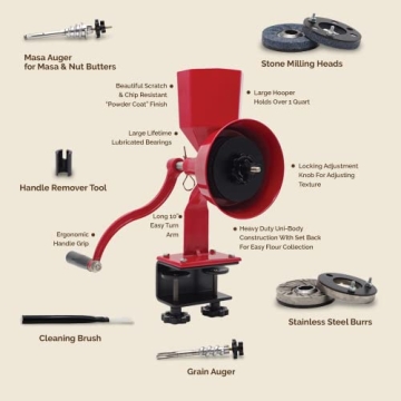 WONDERMILL Manual Hand Grain Mill Red Wonder Junior Deluxe for Dry and Oily Grains - Kitchen Flour Mill, Grain Mill Hand Crank and Spice, Corn, Wheat Stone Mill Grinder