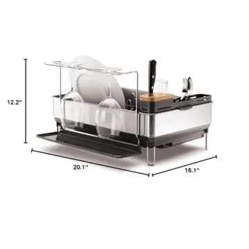 simplehuman Steel Frame Kitchen Dish Drying Rack With Swivel Spout, Fingerprint-Proof Stainless Steel Frame, Grey Plastic, 2020 Model