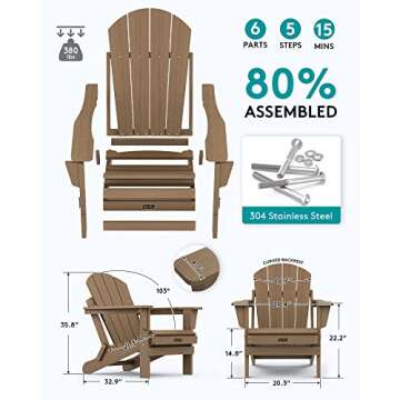 SERWALL Folding Adirondack Chair Weather Resistant Adirondack Chairs Outdoor Chairs Adirondack Chair- Wooden