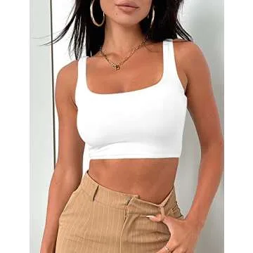 Mizoci Women's Basic Sleeveless Square Neck Cropped Double Layer Sexy Crop Tank Top,X-Small,White