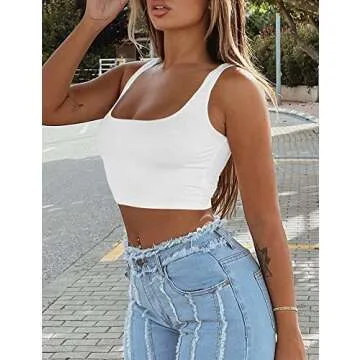 Mizoci Women's Basic Sleeveless Square Neck Cropped Double Layer Sexy Crop Tank Top,X-Small,White