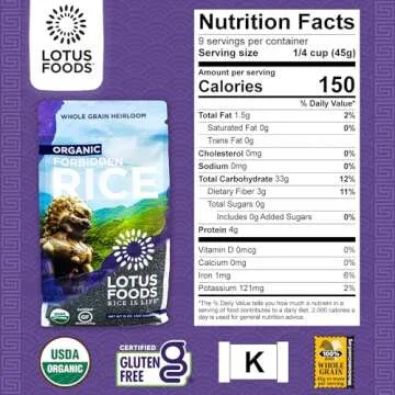 Lotus Foods Organic Forbidden Rice - Black Rice Organic, Purple Rice, Black Rice Bulk, Gluten Free Heirloom Rice, Whole Grain, Non GMO, Vegan - 15 Oz Bag (Pack of 1)