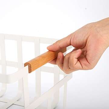 DEAYOU Metal Storage Basket for Organizing, Wire Pantry Basket Bin with Wood Handle, White Farmhouse Metal Organizer Garden Harvest Basket for Shelf, Kitchen Cabinet, Fruit, Coffee, Spice, Pasta, Toy