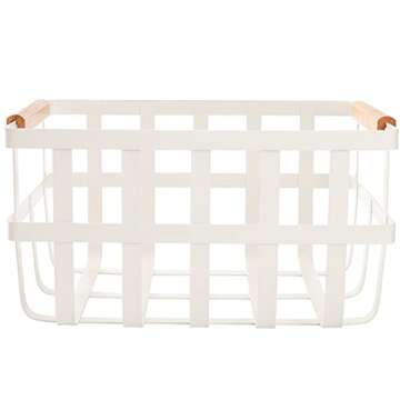 DEAYOU Metal Storage Basket for Organizing, Wire Pantry Basket Bin with Wood Handle, White Farmhouse Metal Organizer Garden Harvest Basket for Shelf, Kitchen Cabinet, Fruit, Coffee, Spice, Pasta, Toy