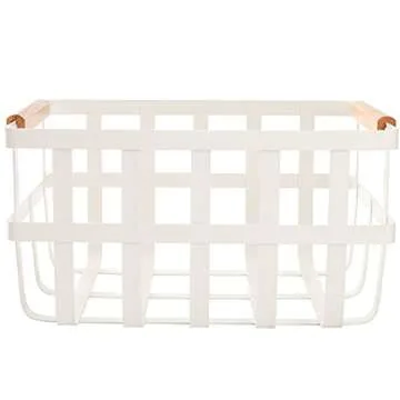 DEAYOU Metal Storage Basket for Organizing, Wire Pantry Basket Bin with Wood Handle, White Farmhouse Metal Organizer Garden Harvest Basket for Shelf, Kitchen Cabinet, Fruit, Coffee, Spice, Pasta, Toy