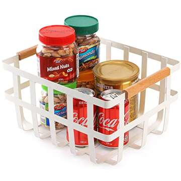 DEAYOU Metal Storage Basket for Organizing, Wire Pantry Basket Bin with Wood Handle, White Farmhouse Metal Organizer Garden Harvest Basket for Shelf, Kitchen Cabinet, Fruit, Coffee, Spice, Pasta, Toy
