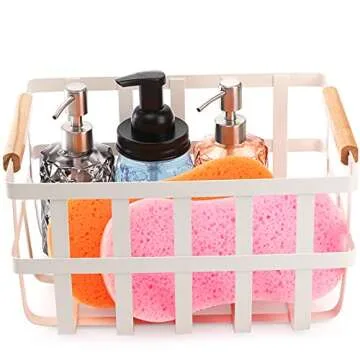 DEAYOU Metal Storage Basket for Organizing, Wire Pantry Basket Bin with Wood Handle, White Farmhouse Metal Organizer Garden Harvest Basket for Shelf, Kitchen Cabinet, Fruit, Coffee, Spice, Pasta, Toy