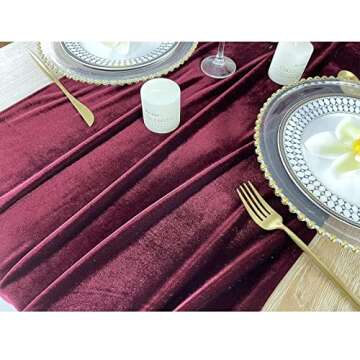 Luxurious Velvet Table Runner, 10ft Wedding Reception Decorations, 20x120inch Soft Velvet Fabric, Table Linen Overlay, Wedding Table Runners (Burgundy, 20X120inch, 5pack)