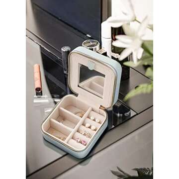 S.Leaf Travel Jewelry Organizer Travel Jewelry Boxes for Women Small Jewelry Travel Case Box Portable Travel Jewelry Case Travel Case Mini Jewelry (02_Lychee_Haze_Blue)