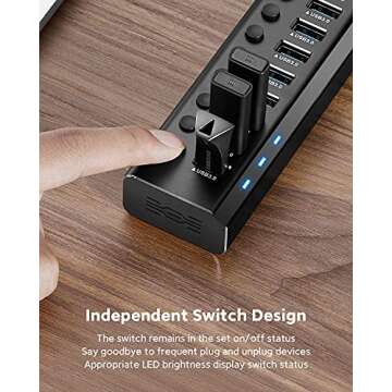 Powered USB Hub, Rosonway Aluminum 10 Port USB 3.0 Data Hub with 36W (12V/3A) Power Adapter and Individual On/Off Switches USB Splitter(RSH-A10)