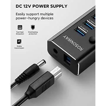 Powered USB Hub, Rosonway Aluminum 10 Port USB 3.0 Data Hub with 36W (12V/3A) Power Adapter and Individual On/Off Switches USB Splitter(RSH-A10)