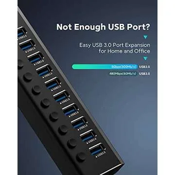 Powered USB Hub, Rosonway Aluminum 10 Port USB 3.0 Data Hub with 36W (12V/3A) Power Adapter and Individual On/Off Switches USB Splitter(RSH-A10)