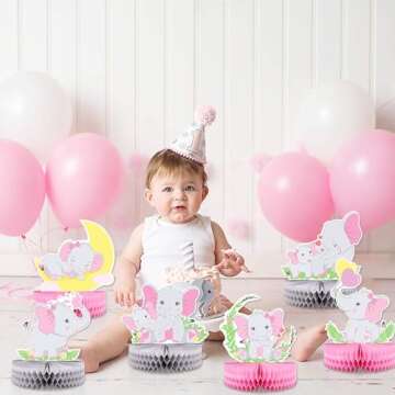 6 PCS Pink Elephant Honeycomb Centerpieces Baby Girl It's A Girl Table Decorations Pink Little Peanut Cutouts for Pink Elephant Theme Baby Shower Birthday Party Supplies