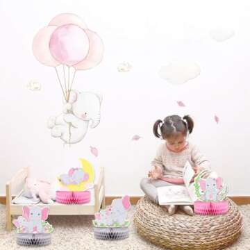 6 PCS Pink Elephant Honeycomb Centerpieces Baby Girl It's A Girl Table Decorations Pink Little Peanut Cutouts for Pink Elephant Theme Baby Shower Birthday Party Supplies