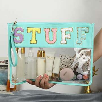 Leziazany Monogram Clear Makeup letter Bag transparent Travel Stadium letter bags Snack Pouch Clear beach bags for Cosmetics And Toiletries Organization clear travel pouch(Mint)