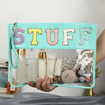 Leziazany Monogram Clear Makeup letter Bag transparent Travel Stadium letter bags Snack Pouch Clear beach bags for Cosmetics And Toiletries Organization clear travel pouch(Mint)