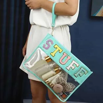 Leziazany Monogram Clear Makeup letter Bag transparent Travel Stadium letter bags Snack Pouch Clear beach bags for Cosmetics And Toiletries Organization clear travel pouch(Mint)