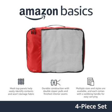 Amazon Basics 4 Piece Packing Travel Organizer Zipper Cubes Set, Large, Red