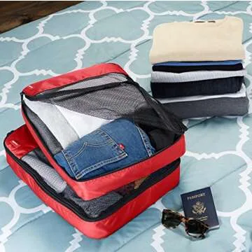 Amazon Basics 4 Piece Packing Travel Organizer Zipper Cubes Set, Large, Red