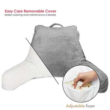 Nestl Reading Pillow Standard Bed Pillow, Back Pillow for Sitting in Bed Shredded Memory Foam Chair Pillow, Reading & Bed Rest Pillows Grey Back Pillow for Bed, Bed Chair Arm Pillow with Pockets