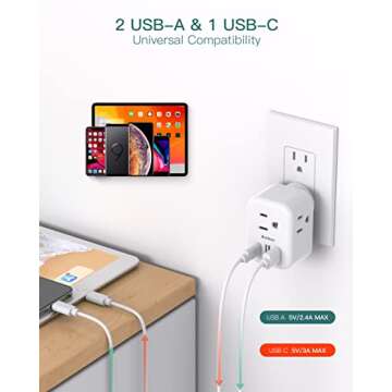 2-Pack Multi Plug Outlet Extender with USB, Addtam Electrical 3 Outlet Box Splitter with 3 USB Wall Charger(1 USB C), Power Stip No Surge Protector Cruise Essentials for Ship and Travel, ETL Listed