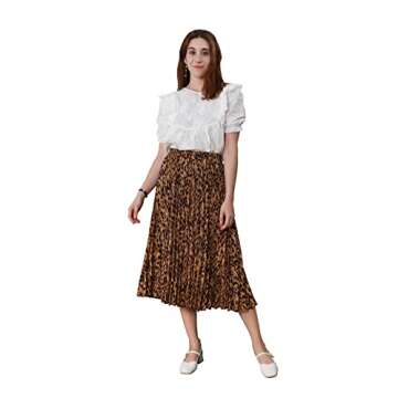 CHARTOU Womens Chic Elastic High Waisted A Line Leopard Print Pleated Shirring Midi-Long Skirt (Brow...