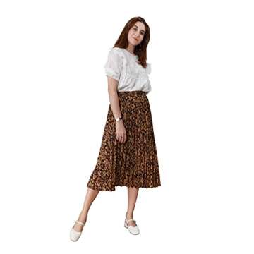 CHARTOU Womens Chic Elastic High Waisted A Line Leopard Print Pleated Shirring Midi-Long Skirt (Brown, Medium)