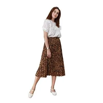 CHARTOU Womens Chic Elastic High Waisted A Line Leopard Print Pleated Shirring Midi-Long Skirt (Brown, Medium)