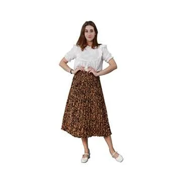 CHARTOU Womens Chic Elastic High Waisted A Line Leopard Print Pleated Shirring Midi-Long Skirt (Brown, Medium)