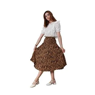 CHARTOU Womens Chic Elastic High Waisted A Line Leopard Print Pleated Shirring Midi-Long Skirt (Brown, Medium)