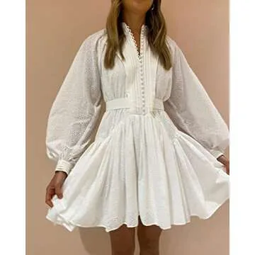 Roiii Women A-Line Lace Loose Baroque Button Down Long Sleeve Casual Dresses V Neck Embroidery Party Short Dress White