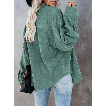 Dokotoo Womens V Neck Roll Up Long Sleeve Pocket Corduroy Shirts Casual Boyfriend Button Down Petite Blouses M Green