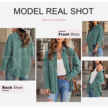 Dokotoo Womens V Neck Roll Up Long Sleeve Pocket Corduroy Shirts Casual Boyfriend Button Down Petite Blouses M Green