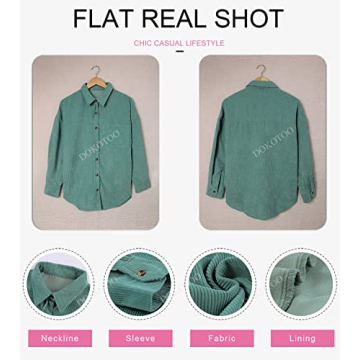 Dokotoo Womens V Neck Roll Up Long Sleeve Pocket Corduroy Shirts Casual Boyfriend Button Down Petite Blouses M Green
